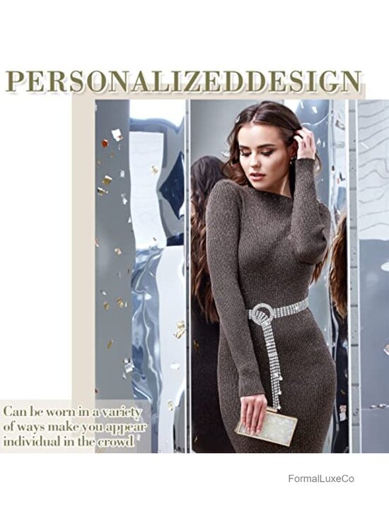 3 Rhinestone Elastic Waist Belt Set Silver Glitter Bling Square Buckle Chain main image 4